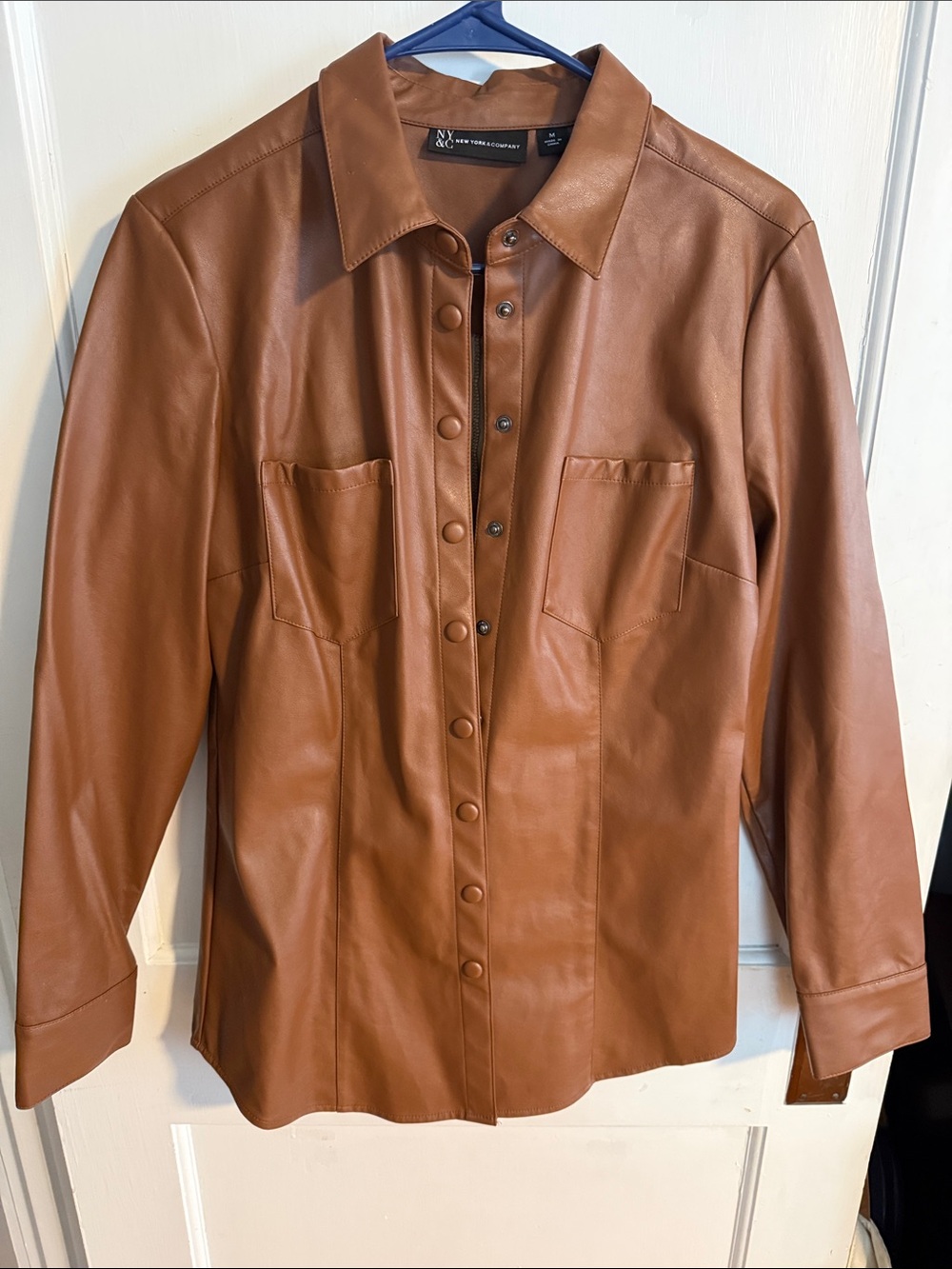 New York & Company Cognac Brown Faux Leather Button-Up Jacket